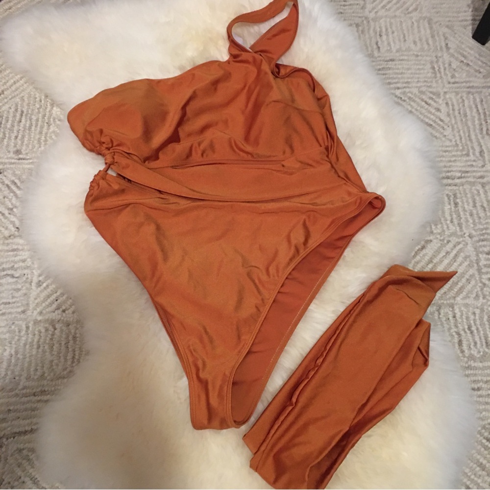 Shein One Shoulder Cut out Bathing suit Orange 3X Preowned